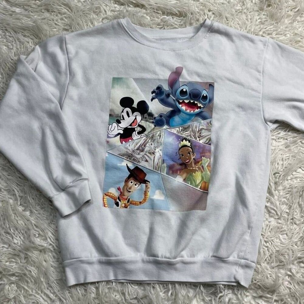 Disney 100 Sweatshirt Women's L White Mickey Woody Stitch Tiana Movie
